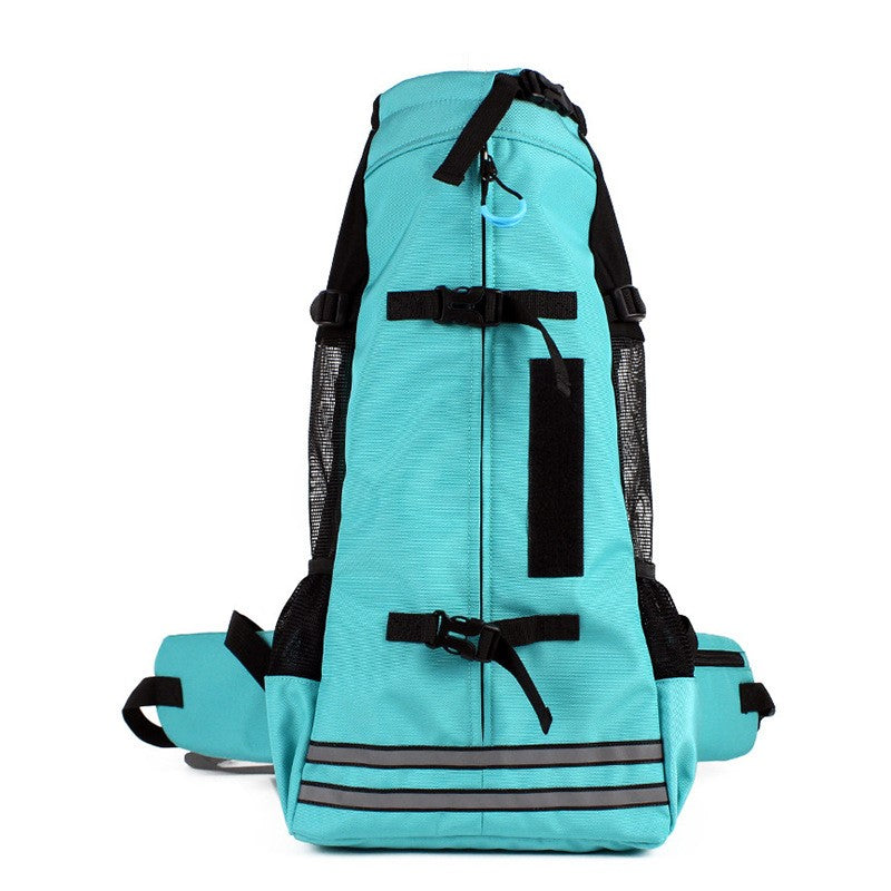 Turquoise pet carrier backpack with front zipper and black strap webbing