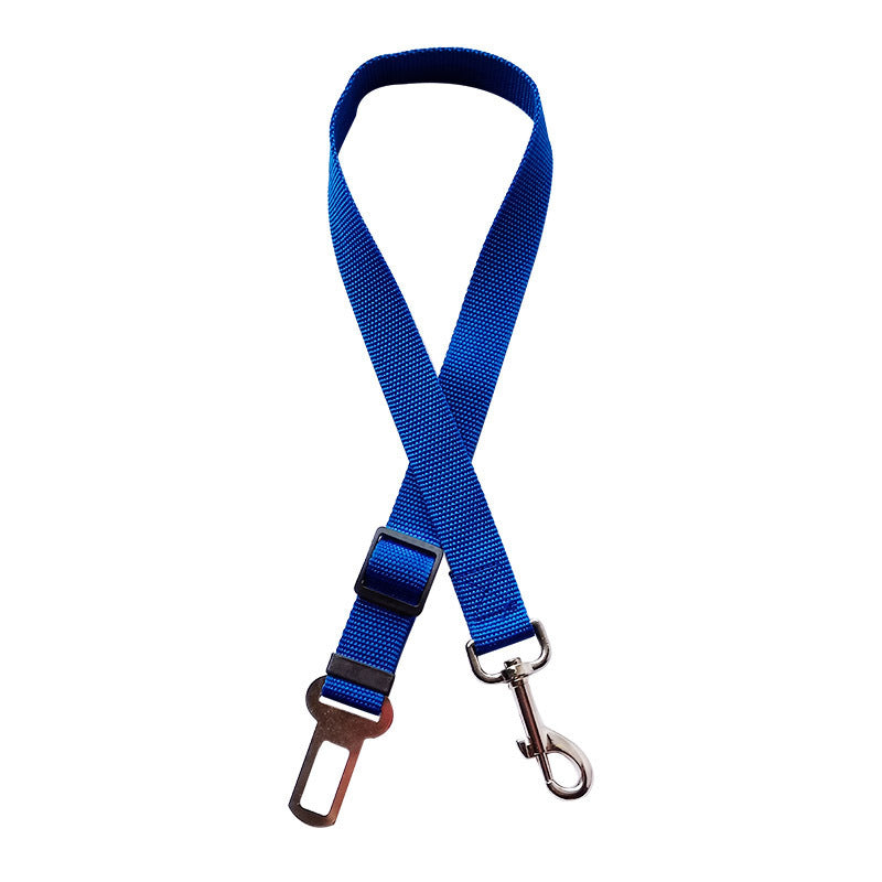 Adjustable safety pet car seat belt, blue webbing with buckle and metal leash clip