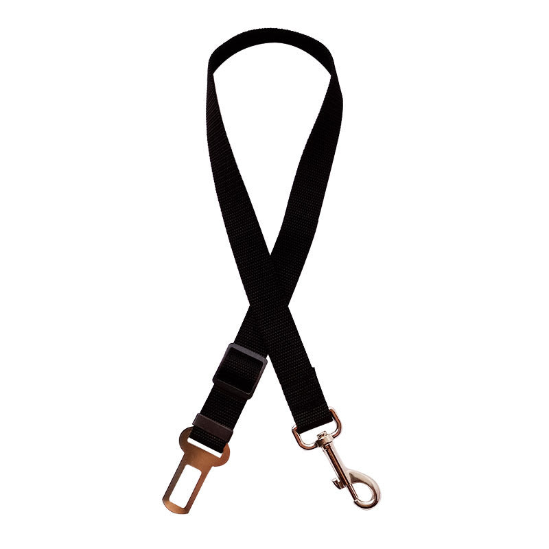 Adjustable pet car seat belt with black strap, metal hook, and buckle end