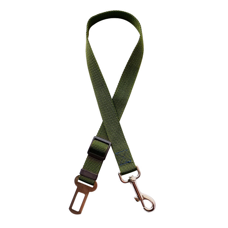 Adjustable pet car seat belt with dark green strap, metal hook, and clasp