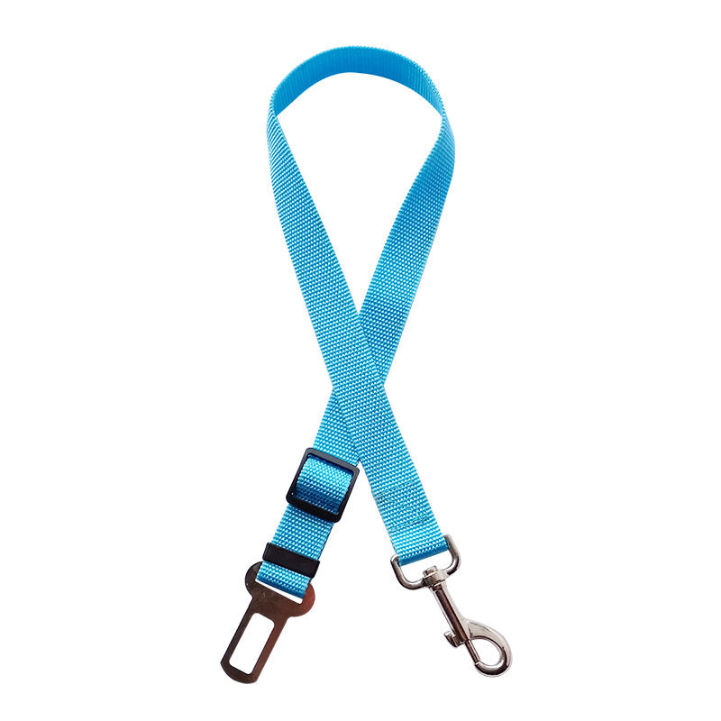 Adjustable safety pet car seat belt, light blue webbing with buckle and metal leash clip