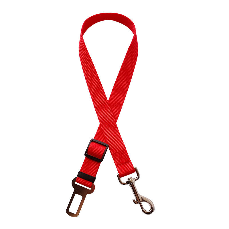 Adjustable pet car seat belt with red strap, metal hook, and buckle end