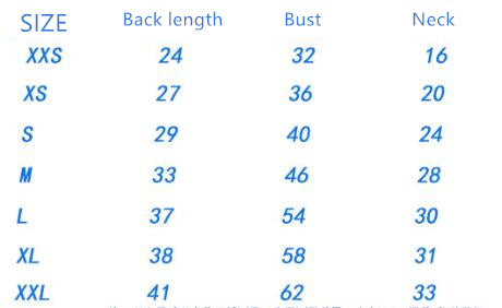 Dog and cat winter sweater size chart: back length, bust, neck