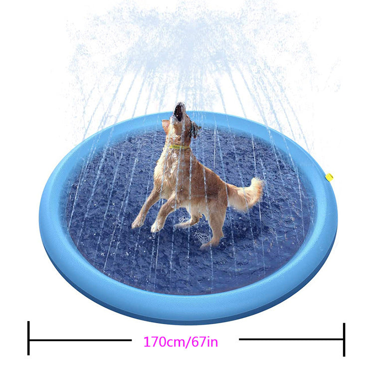 Blue inflatable pet splash mat with water sprinklers over a dark inner pool
