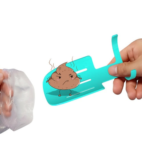 Turquoise dog water bottle with built-in poop bag and shovel