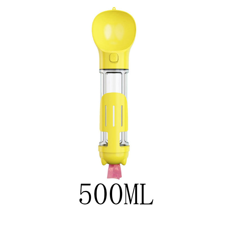 Yellow portable dog water bottle with transparent reservoir, 500ML