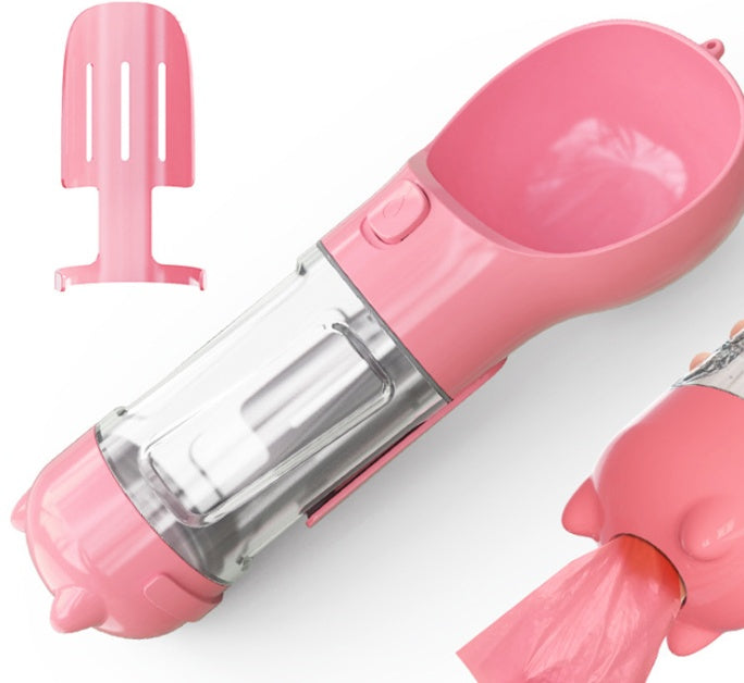Pink portable dog water bottle with clear tube and detachable food box