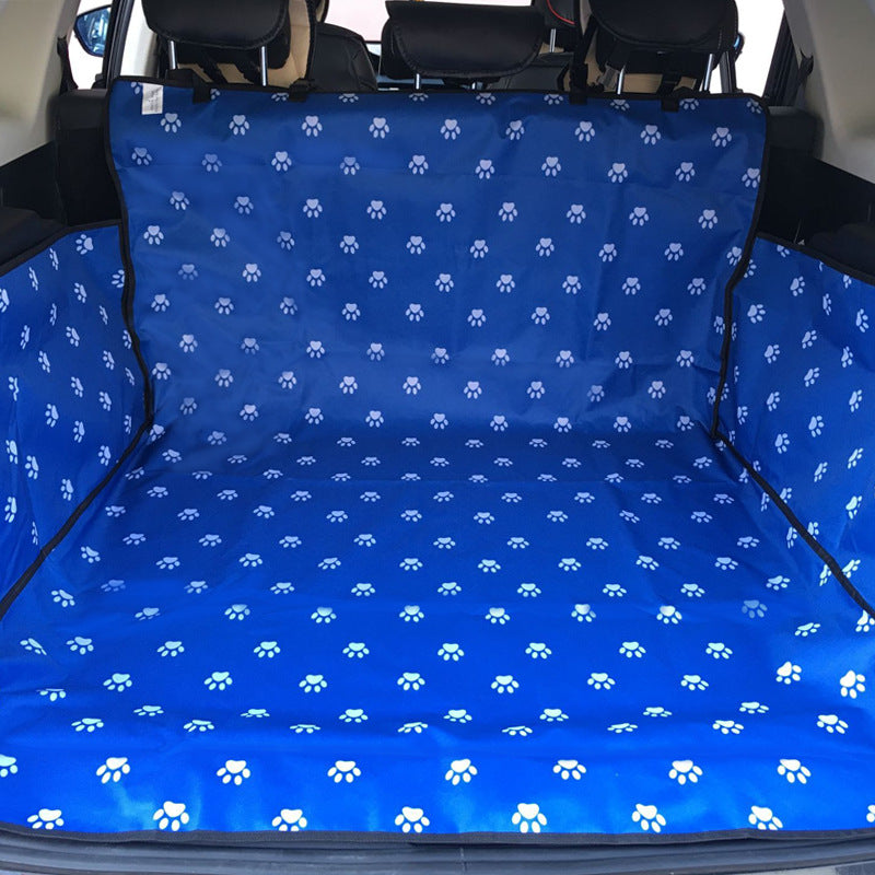 Car seat protector cover, blue with light paw-print pattern for rear seating.