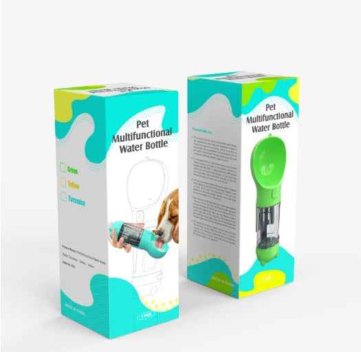 Pet multifunction water bottle box with green bottle shown