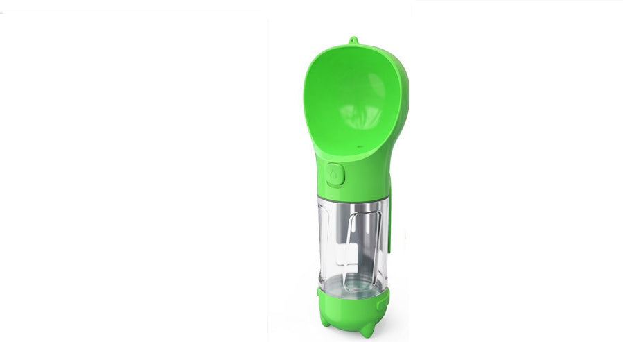 Green portable dog water bottle with clear chamber and flip drinking spout
