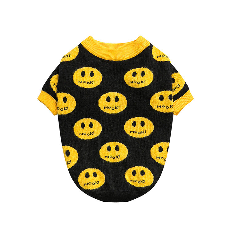 Yellow and black knit pet sweater with round character face pattern