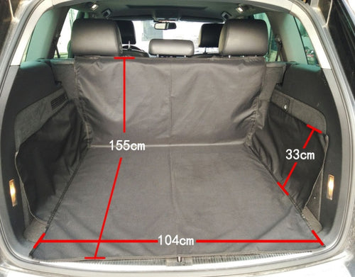 Car seat protector liner, dark gray with black edging, fitted for rear cargo area.