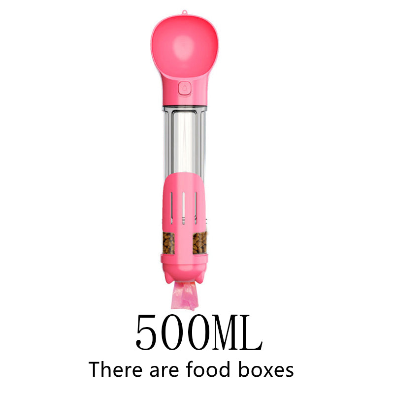 Pink 500ML dog water bottle with stainless compartments and food-box insert