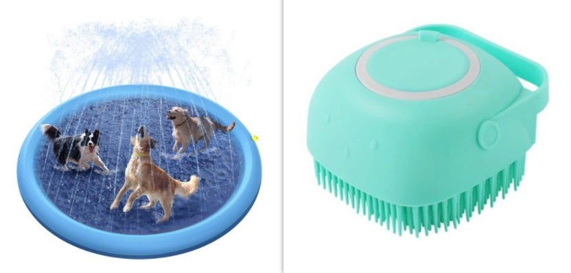 Blue pet splash mat beside turquoise pump with a bristle base