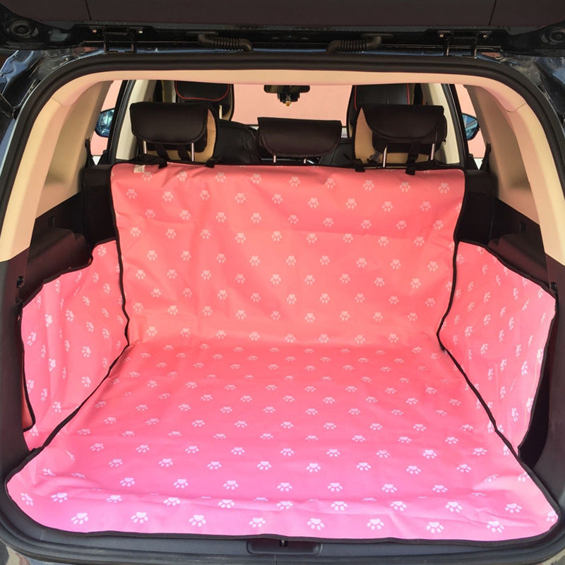 Car seat protector cover, pink with small white paw-print pattern for rear area.