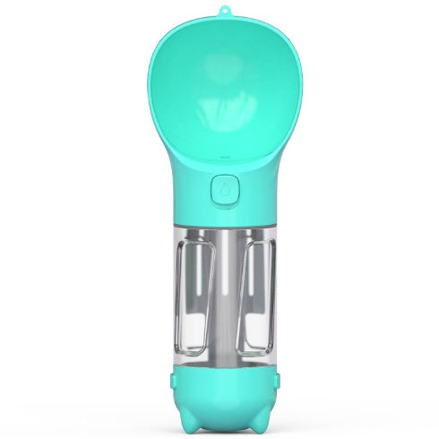 Turquoise dog water bottle with stainless inner cylinders and dual cup opening