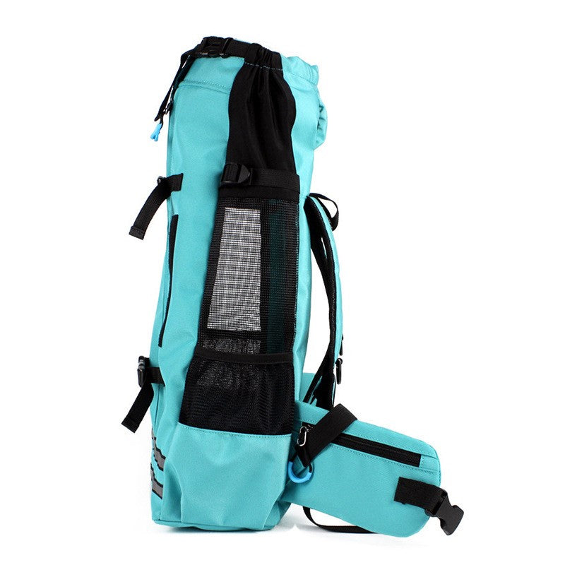 Turquoise pet carrier backpack with side mesh panel and adjustable shoulder strap