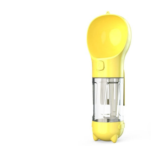 Yellow portable dog water bottle with clear chamber and flip drinking spout