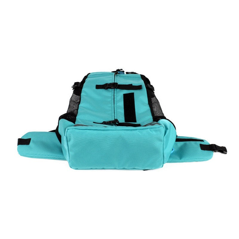 Turquoise pet carrier backpack with wide front flap and side carry handle