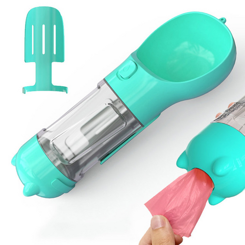 Turquoise portable dog water bottle with transparent reservoir and flip-up drinking cup