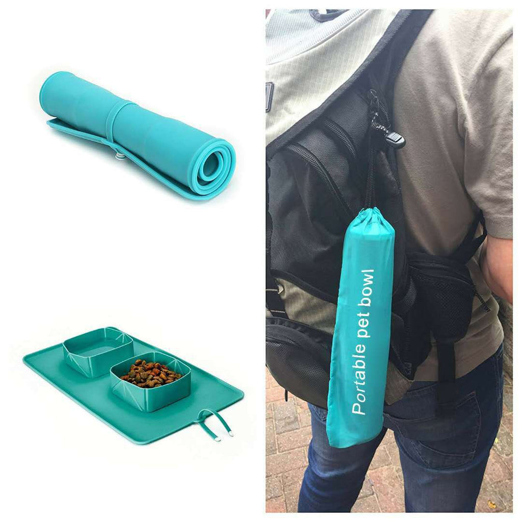 Turquoise and gray foldable silicone pet travel bowl roll with pouch