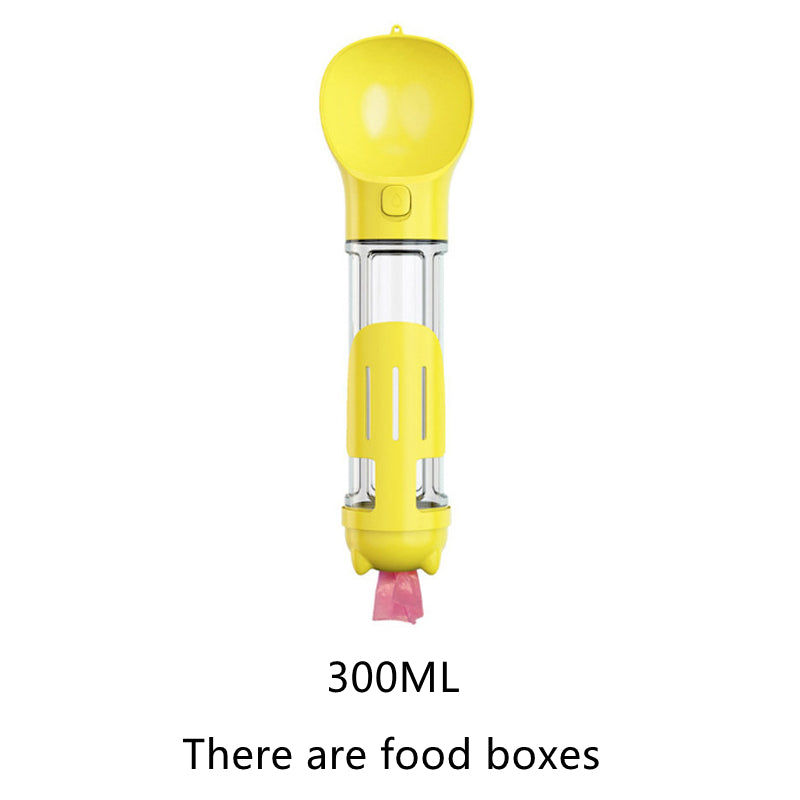 Yellow portable dog water bottle with transparent reservoir, 300ML and food box
