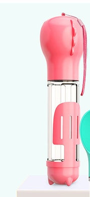 Pink dog water bottle with stainless tube core and attached strap loop