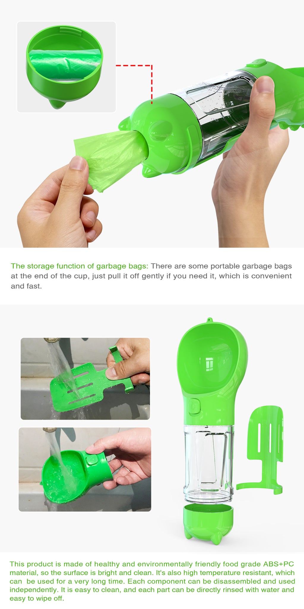 Green portable dog water bottle with flip-up cup and transparent refill reservoir