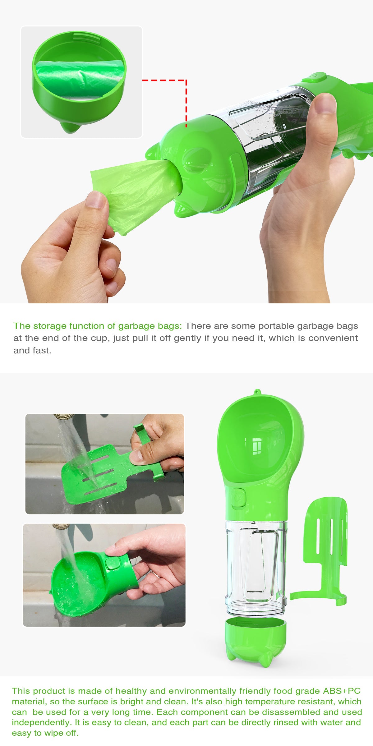 Green portable dog water bottle with flip-up cup and transparent refill reservoir
