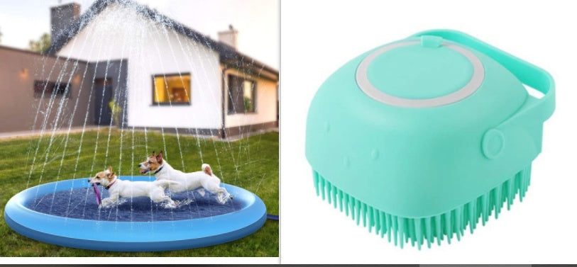 Blue pet splash mat with two dogs playing beside a turquoise pump device