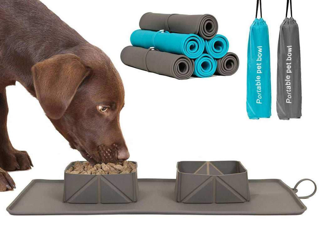 Gray foldable pet travel bowl mat with two compartments and bundled rolls