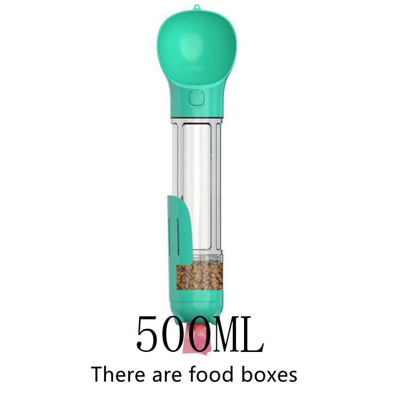 Teal 500ML dog water bottle with transparent food-box insert and flip lid