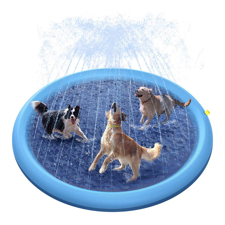 Blue round pet splash mat with four dogs playing under water spray