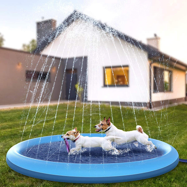 Blue round pet splash play mat with water jets and dogs playing