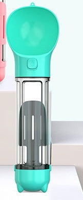 Teal dog water bottle with stainless chambers and open food compartment